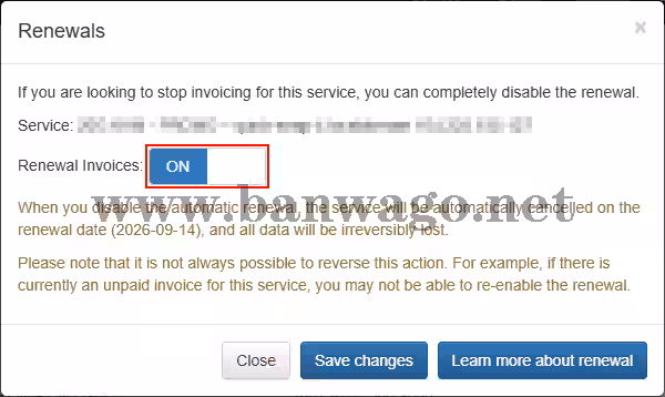 搬瓦工“My Services”服务列表截图,高亮显示了VPS的“Renewal”状态开关。