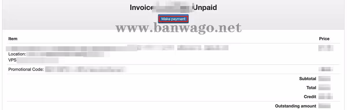 搬瓦工账单详情页面,显示账单明细和“Make Payment”支付按钮。