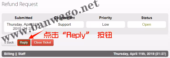 搬瓦工退款工单页面截图,页面顶部有工单标题和状态,下方用红色箭头指向“Reply”按钮