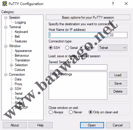 首次启动 PuTTY 时显示的空白配置主窗口