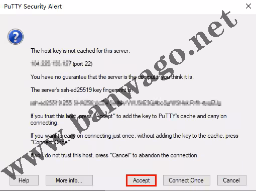 PuTTY 首次连接时弹出的安全警报(Security Alert)对话框。
