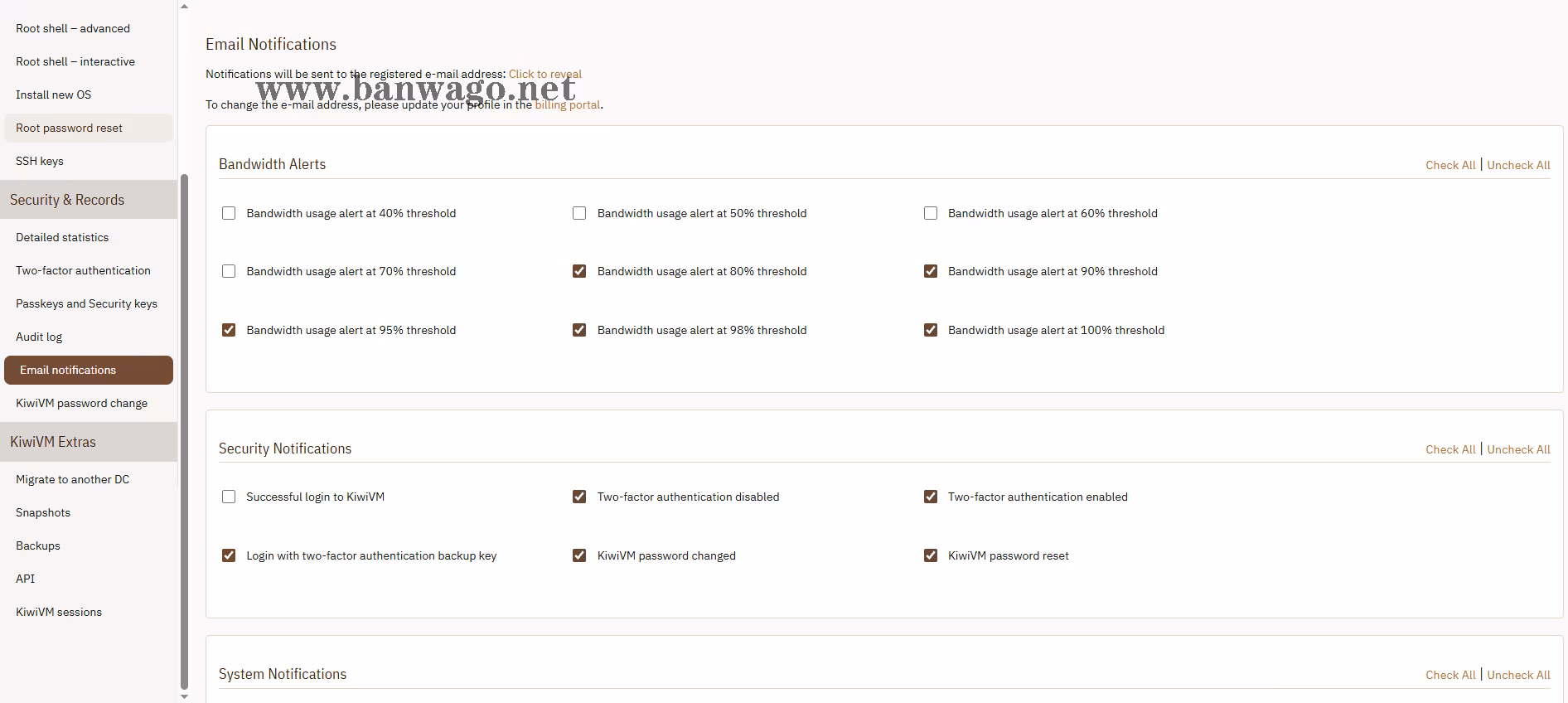 KiwiVM Email notifications (邮件通知) 界面