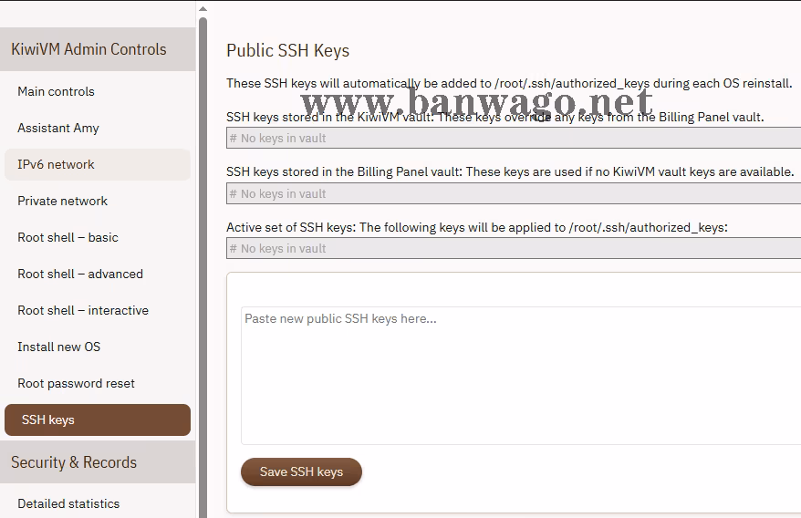 KiwiVM SSH keys (SSH密钥) 界面