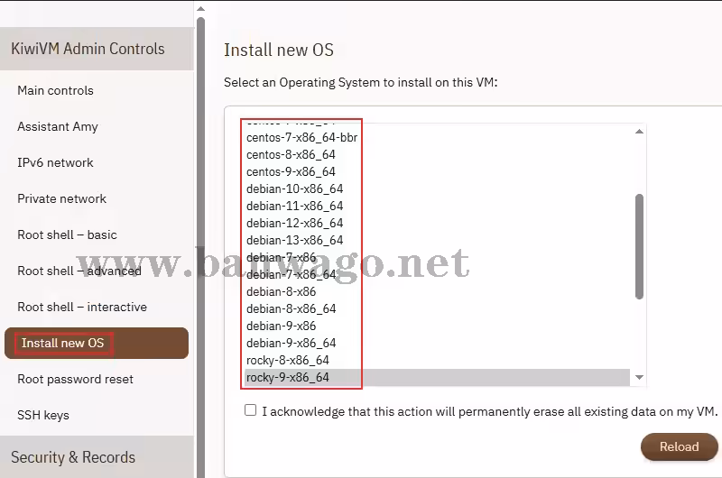 一张KiwiVM控制面板的完整截图,左侧菜单栏中的“Install new OS”选项被红色方框突出显示