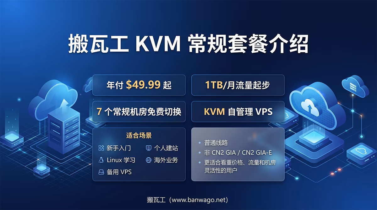 搬瓦工 KVM 常规套餐介绍,年付 49.99 美元起,支持 7 个常规机房切换,适合新手建站、Linux 学习和备用 VPS 使用